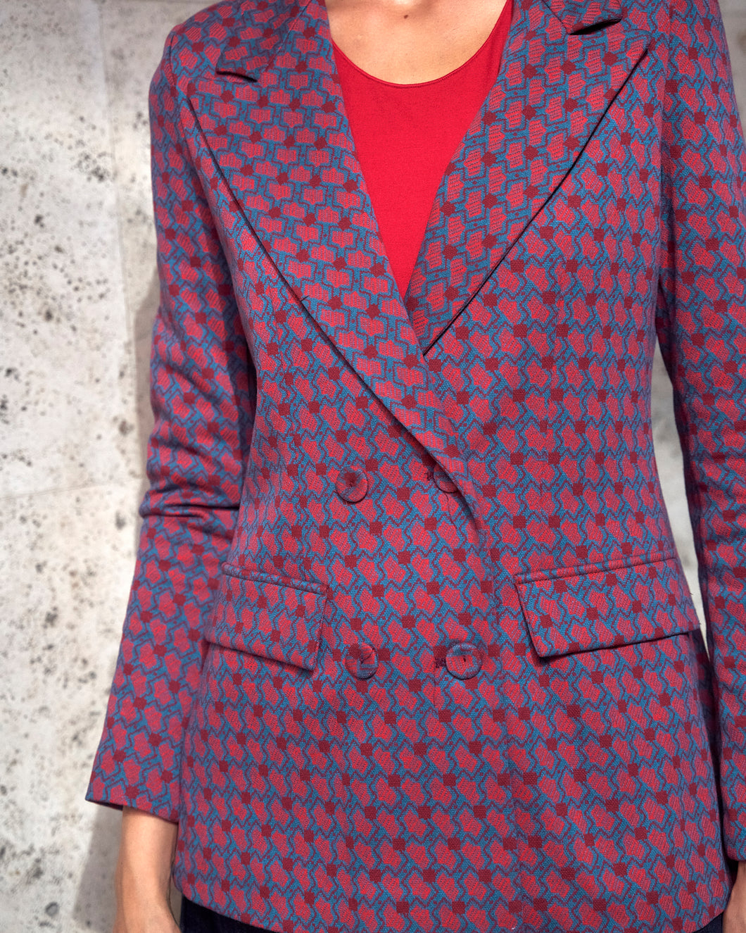 Blazer 4 Bottoni Stampa Geo Red Plum Blu