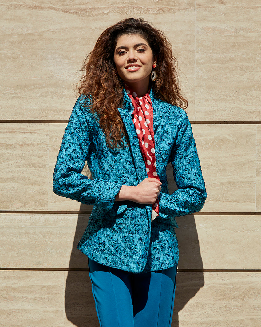 Blazer Jacquard Disegno Fiore Pavone