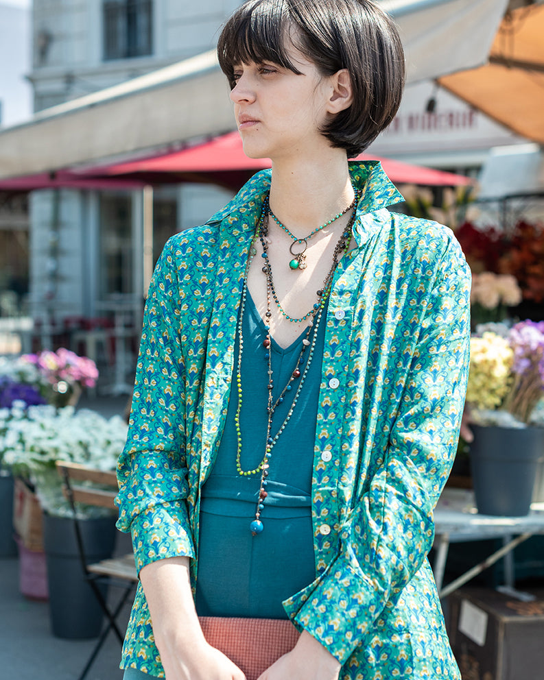 Camicia 100% Seta Stampa Arabesque Verde Ocra