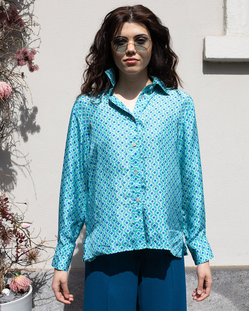 Camicia 100% Seta Stampa Rombo Verde/Blu