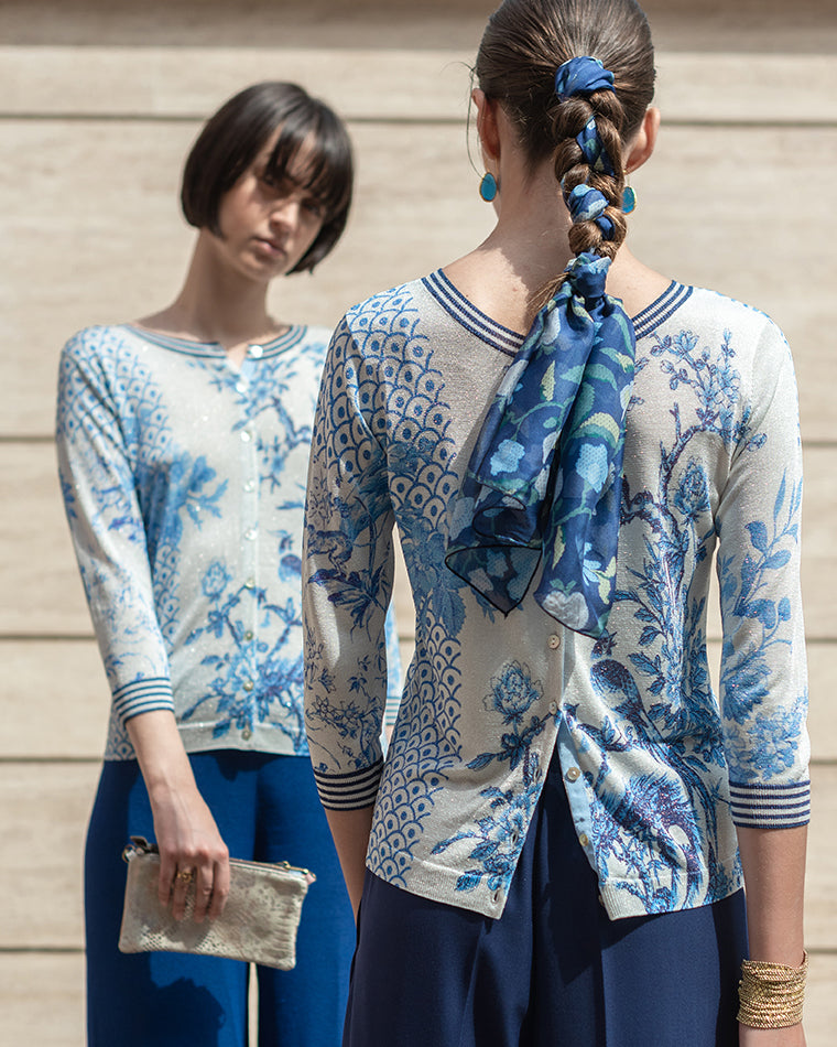 Maglia Collo Coreana Toile de Jouy Blu