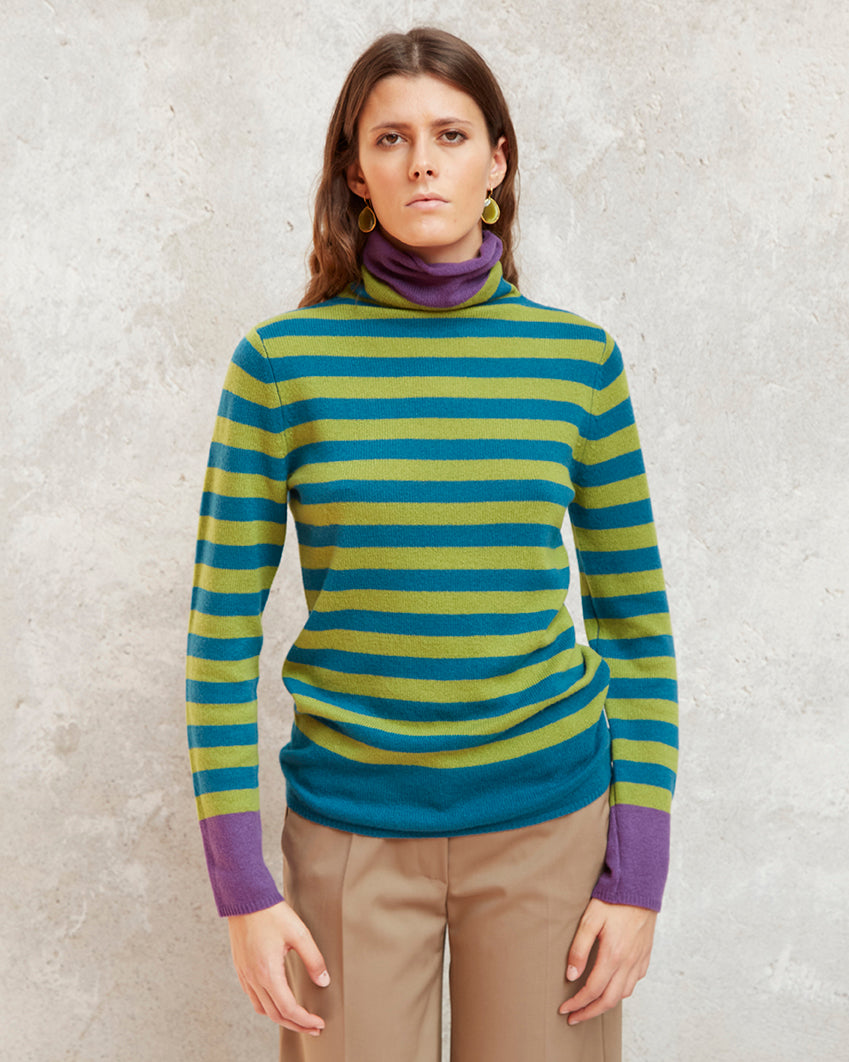 Maglia Girocollo Cashmere Riga/Petrolio