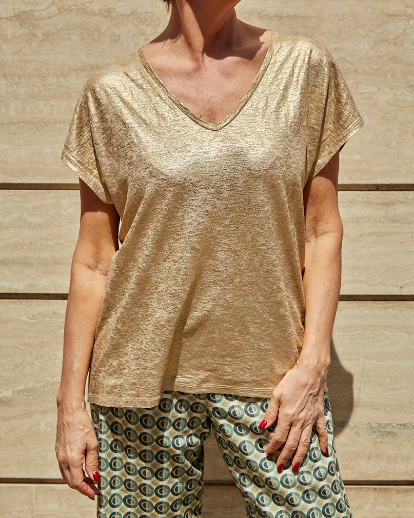 T-Shirt Lino Lurex Oro Maniche Corte