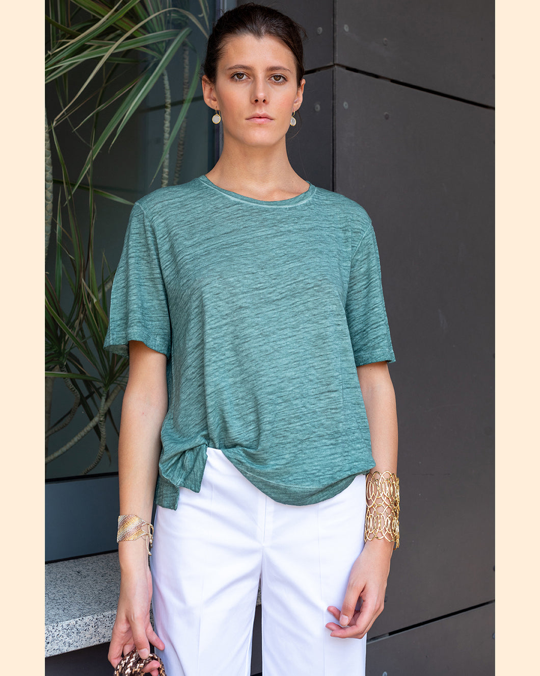 T-Shirt Lino/Seta Oversized Scollo Rotondo Verde